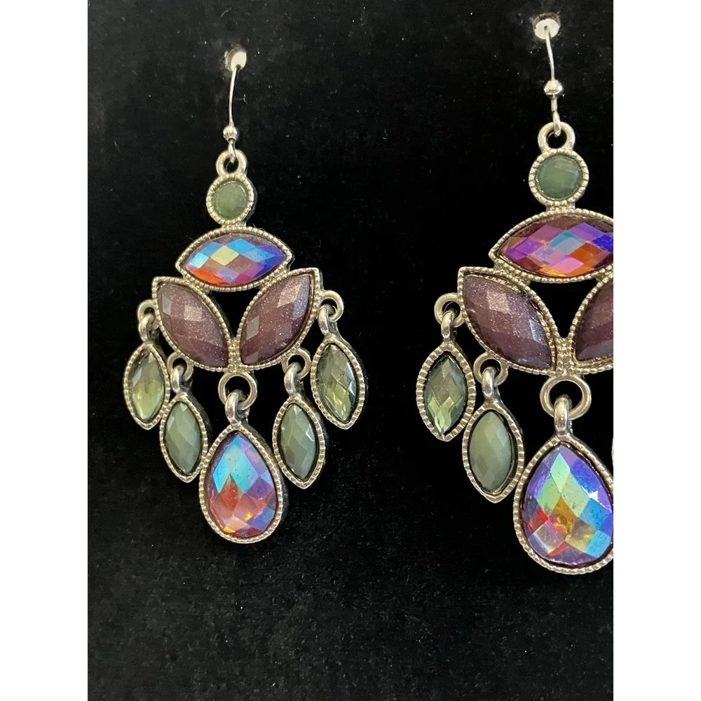 Earrings Iridescent “Oil Spill” Aurora Borealis Chandelier Dangle Bridal Formal